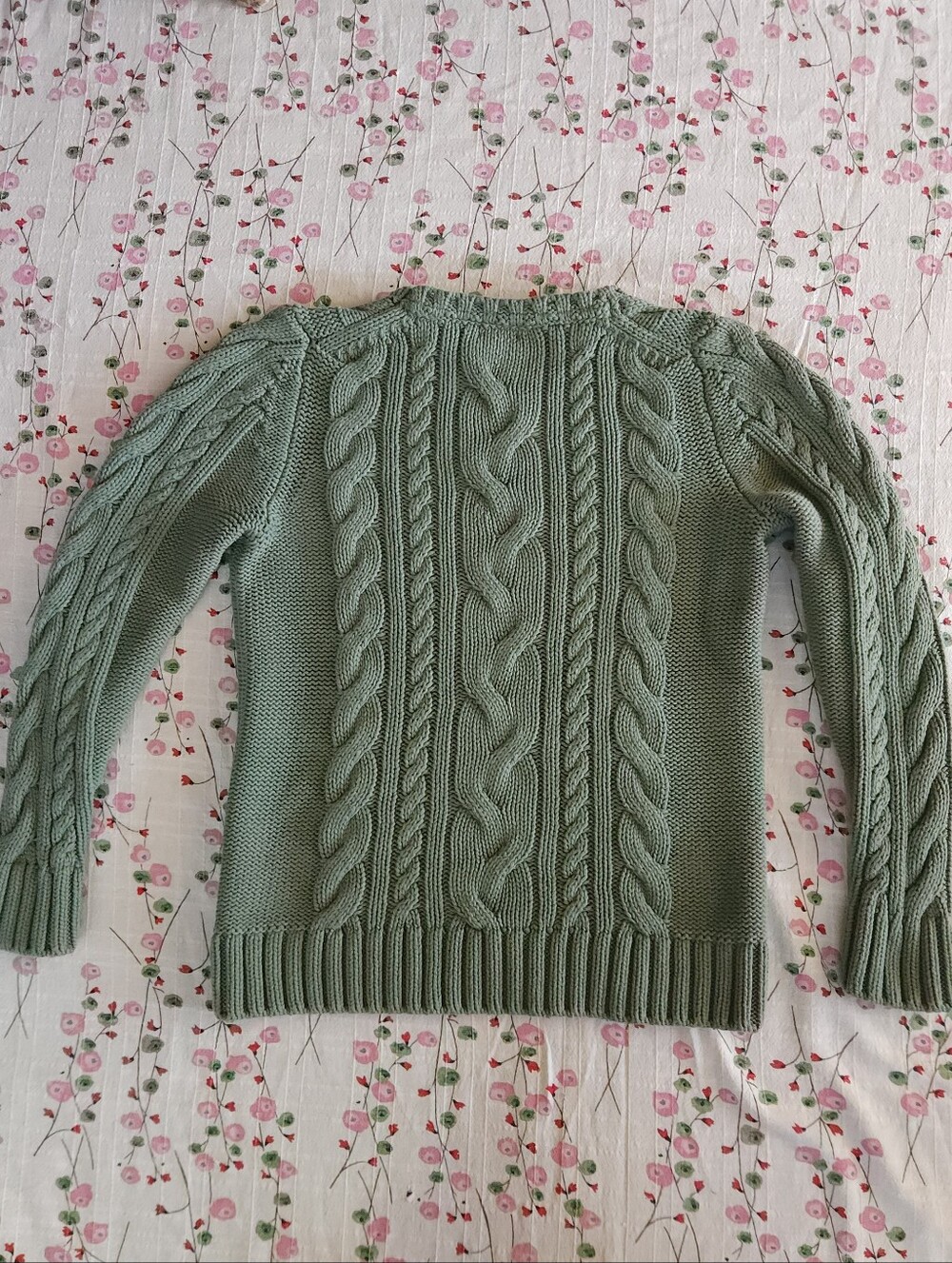 L.L. Bean Double L Cable Crewneck Sweater Sage Green Bay Leaf Cotton Size Small - Picture 2 of 12